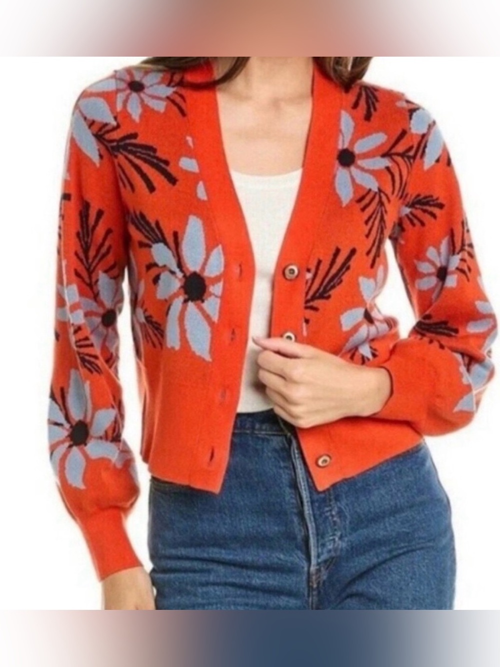 Cabi Bloom Cardigan Style 6240 Orange Blue Floral Large